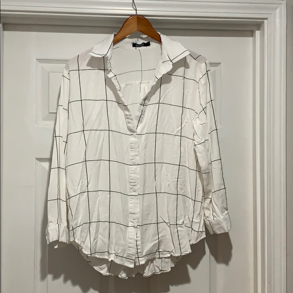 White and black window pane long sleeve shirt